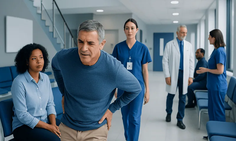 Older man experiencing back pain in a hospital corridor with medical staff nearby.