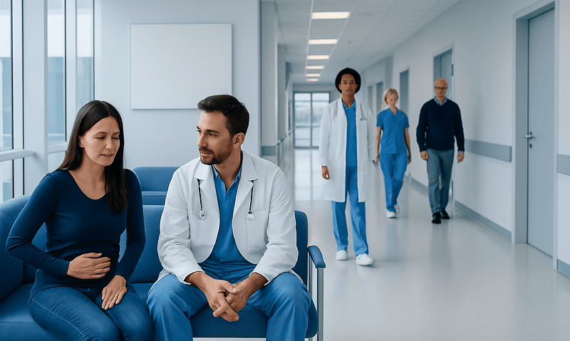 Doctor consulting a patient in a hospital corridor with medical staff in the background.