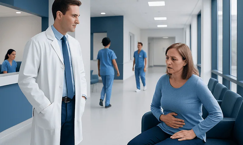 Doctor consulting a patient with stomach pain in hospital corridor.