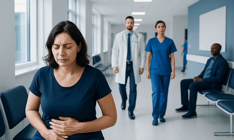 Can Constipation Cause Nausea? A Doctor-Reviewed Answer 7 Woman experiencing stomach pain in hospital corridor with medical staff nearby.