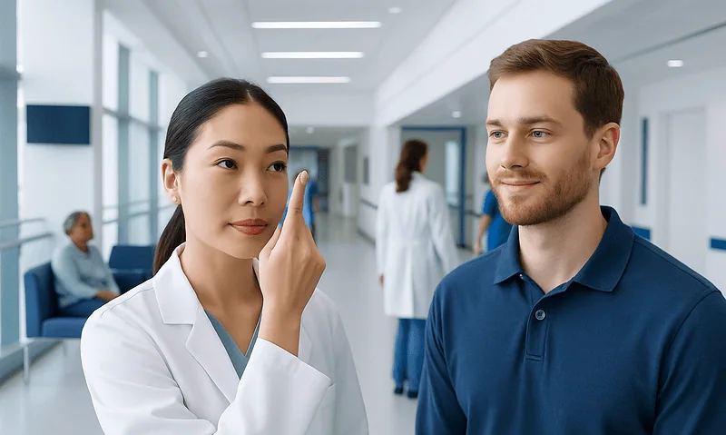 Optometrist explaining eye health to a patient in a hospital corridor.