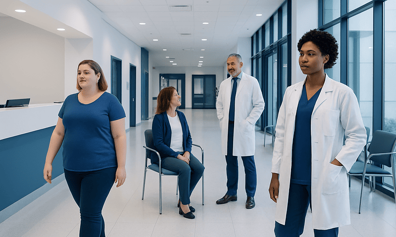 Patients and healthcare professionals in a modern hospital corridor.