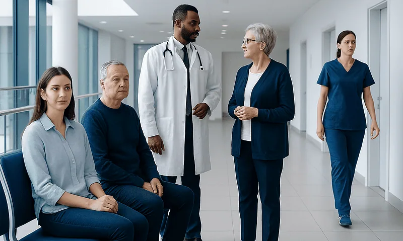 Medical team consulting with elderly patient in hospital corridor.