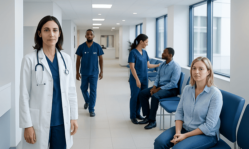 Healthcare professionals and patients in a modern hospital corridor.
