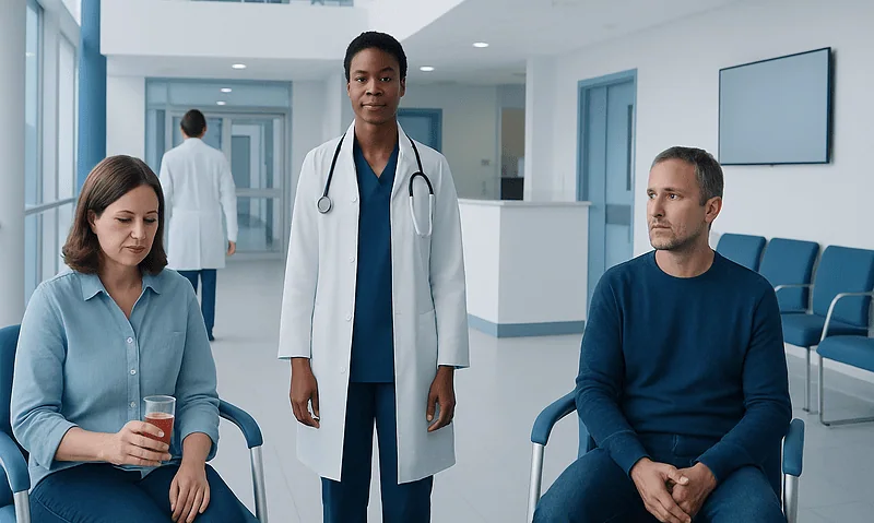 Doctor with two patients in a hospital waiting area.