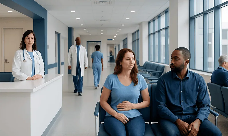 Patients waiting in a hospital corridor at Acibadem Hospitals Group.