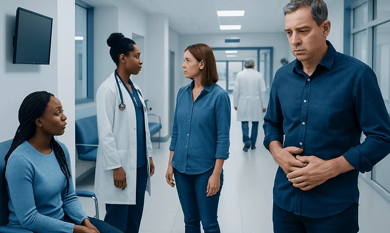 Patients and doctor in hospital corridor discussing health concerns.