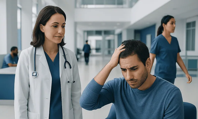 Doctor consulting a patient with hair loss concern in hospital corridor.