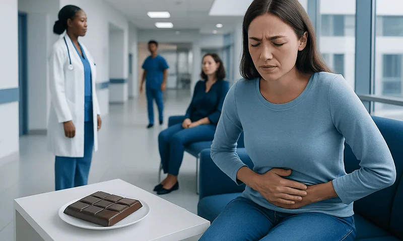 Woman with stomach pain during medical consultation at Acibadem Hospital.