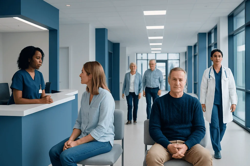 Do Dates Make You Poop? A Doctor-Reviewed Answer 1 Patients waiting in a modern hospital corridor with medical staff nearby.