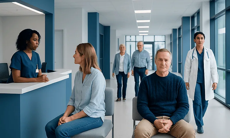 Patients waiting in a modern hospital corridor with medical staff nearby.