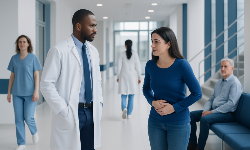 Doctor and patient having a conversation in hospital corridor.
