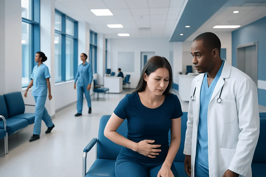 Does Dehydration Cause Stomach Aches? Causes, Explanations, and Next Steps 1 Patient experiencing stomach pain in hospital corridor with medical staff nearby.
