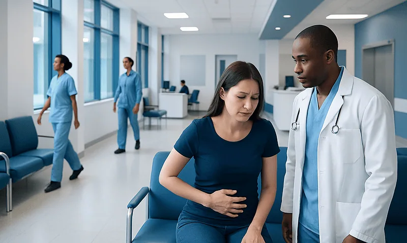 Patient experiencing stomach pain in hospital corridor with medical staff nearby.