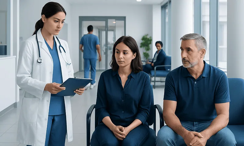Doctor discussing test results with patients in a hospital corridor.
