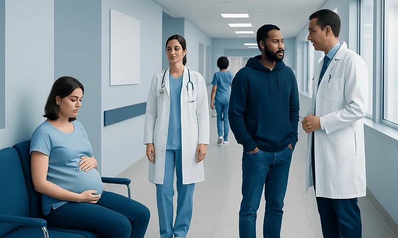 Pregnant woman in hospital waiting area with medical staff and doctor.
