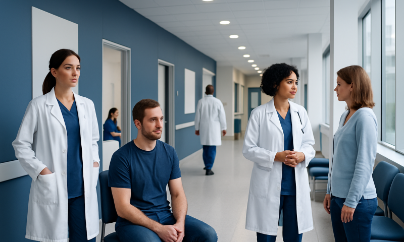 Doctors and patient in hospital corridor discussing health concerns.