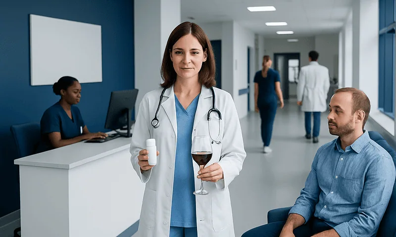 Doctor holding medication and glass of wine in hospital corridor.