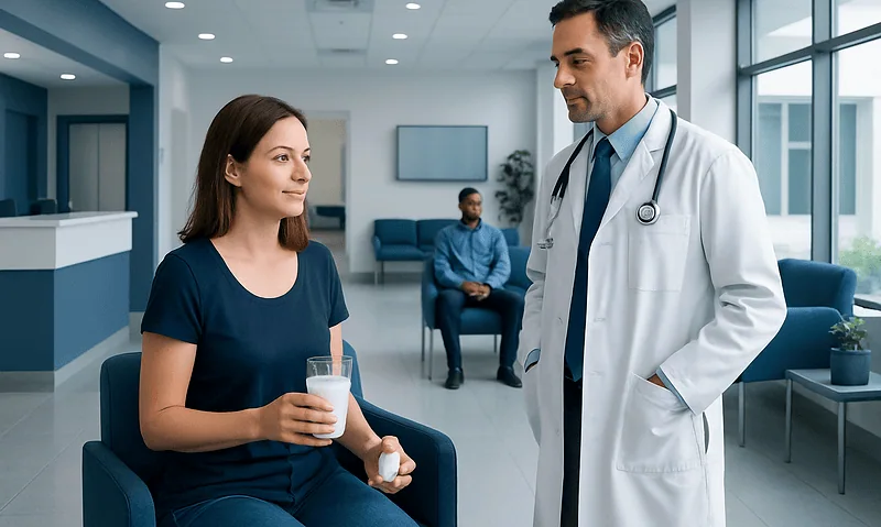 Doctor consulting with a female patient in a modern hospital waiting area.