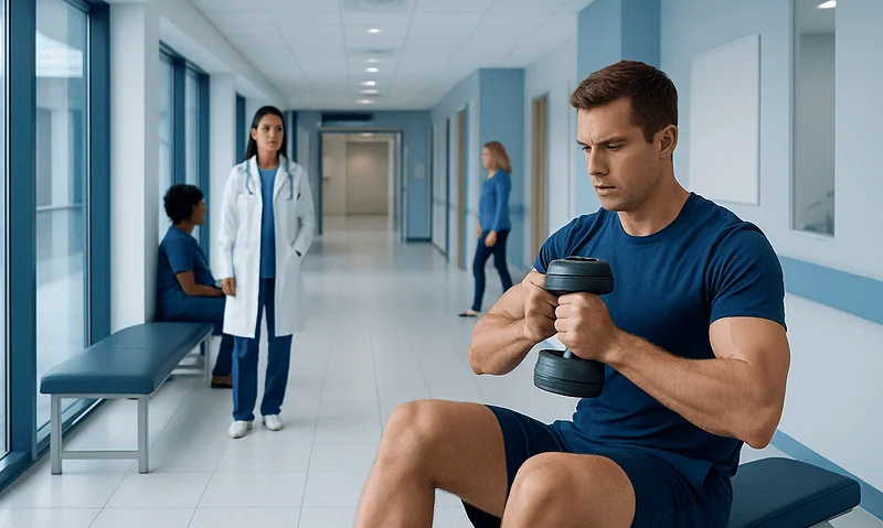 Young man exercising with dumbbell in hospital corridor.