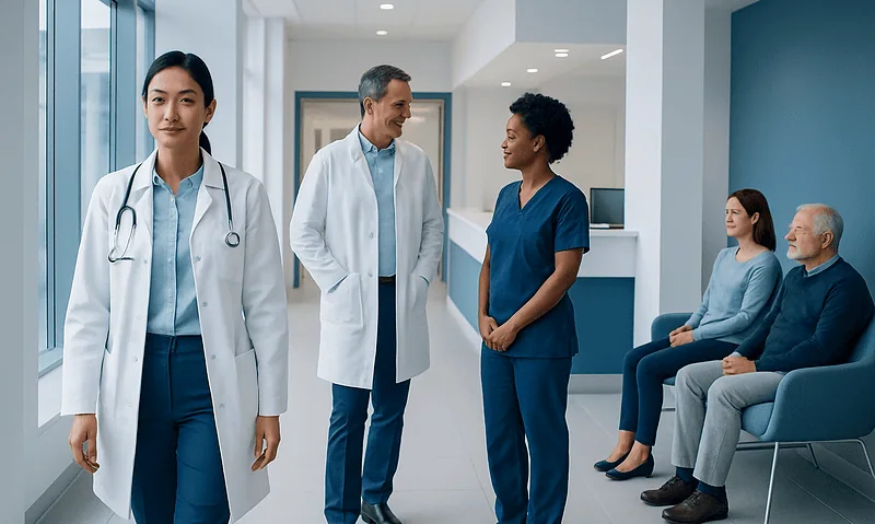 Medical team consulting with patients in a modern hospital corridor.