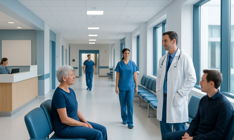 Doctor consulting with elderly patient in hospital corridor.