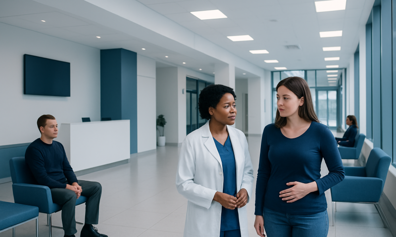 Medical consultation at Acibadem Hospitals Group with pregnant woman and doctor.