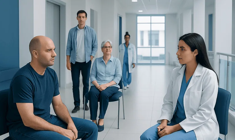 Doctor consulting with patient in hospital corridor with medical staff.