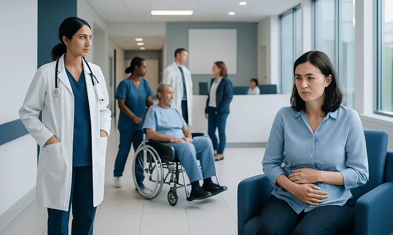 Patient experiencing abdominal pain in hospital waiting area with medical staff nearby.