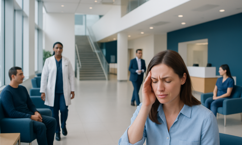 Woman with headache in hospital waiting area with medical staff nearby.