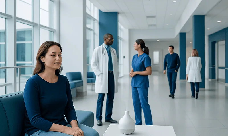 Healthcare professionals and patient in a modern hospital corridor.