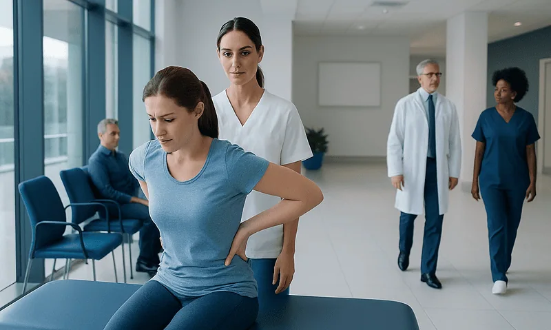 Patient experiencing lower back pain during a medical consultation at Acibadem Hospital.