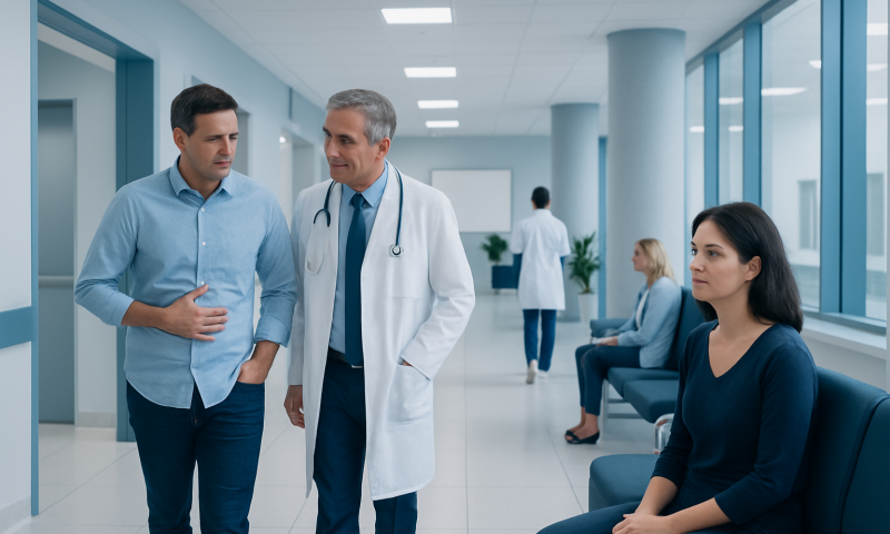 Doctor consulting with a patient in a hospital corridor.
