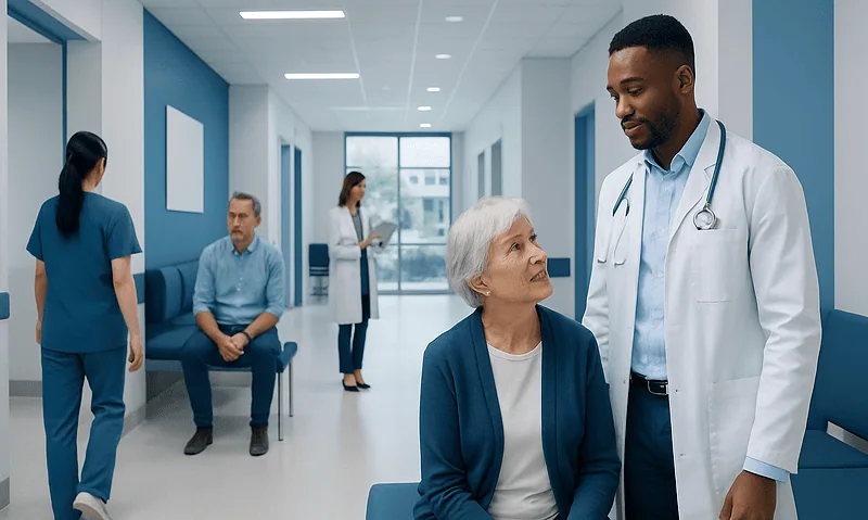 Doctor consulting elderly patient in hospital corridor with staff in background.