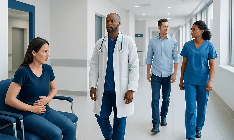 Is Food Poisoning Contagious? Here Is What the Evidence Says 7 Medical team consulting a patient in a hospital corridor.