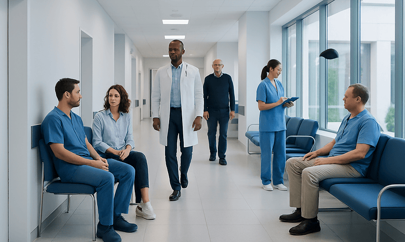 Medical team consulting patients in a hospital corridor.