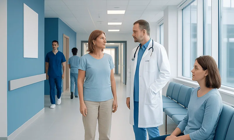 Doctor consulting with female patient in hospital corridor.