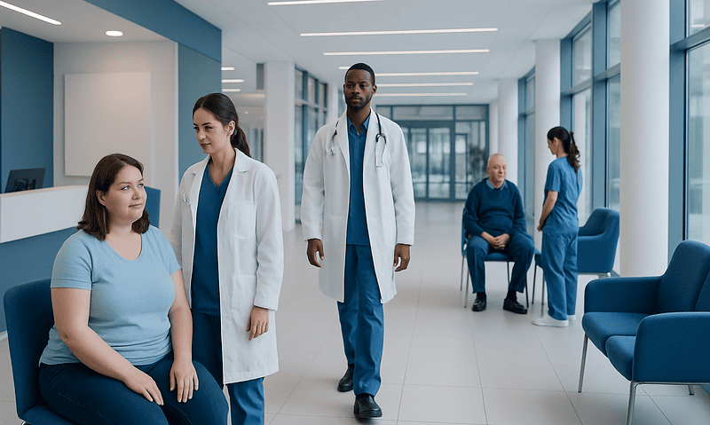 Medical professionals consulting with a patient in a hospital corridor.