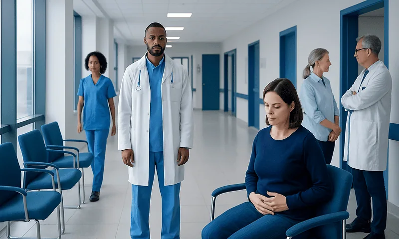 Medical professionals and patient in hospital corridor.