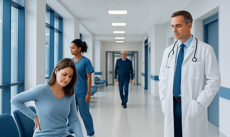 Patient experiencing back pain in hospital corridor with medical staff nearby.