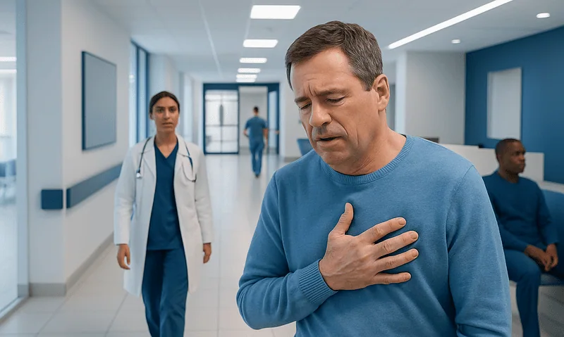 Man experiencing chest pain in hospital corridor with medical staff nearby.
