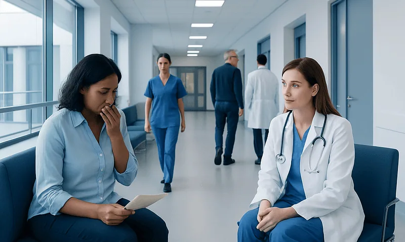 Medical professionals in a hospital corridor discussing patient care.