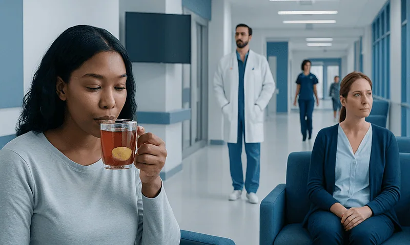 Patient drinking tea in hospital corridor with medical staff nearby.
