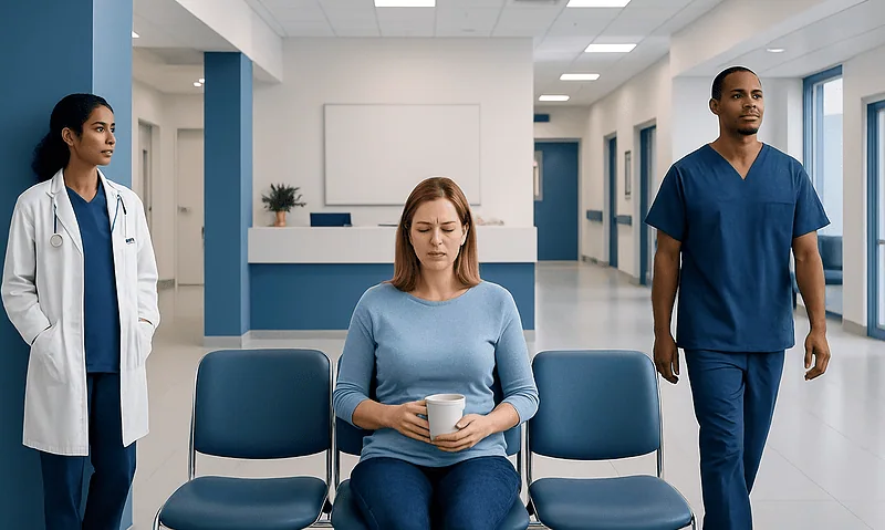 Patient with upset stomach in hospital waiting area with medical staff nearby.