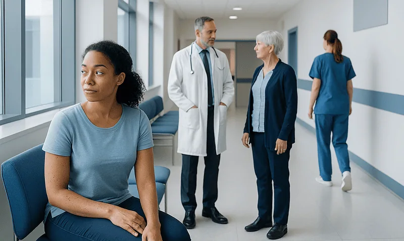 Patient waiting in hospital corridor with medical staff nearby.