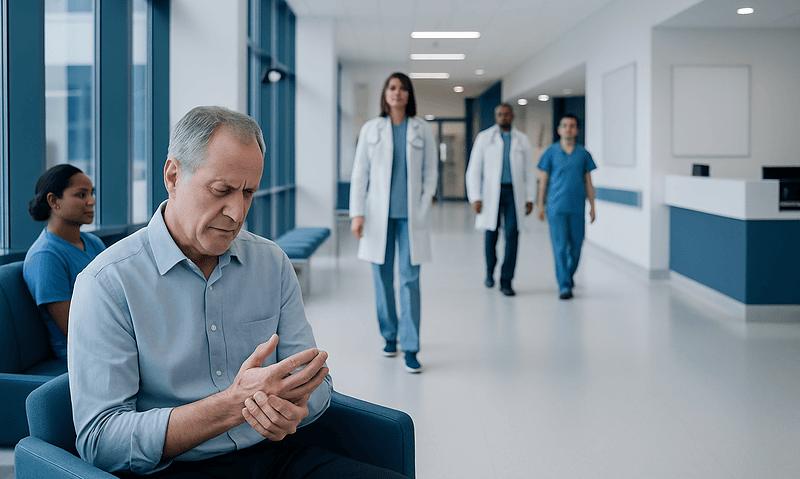 Older man waiting in hospital corridor, looking at his watch.