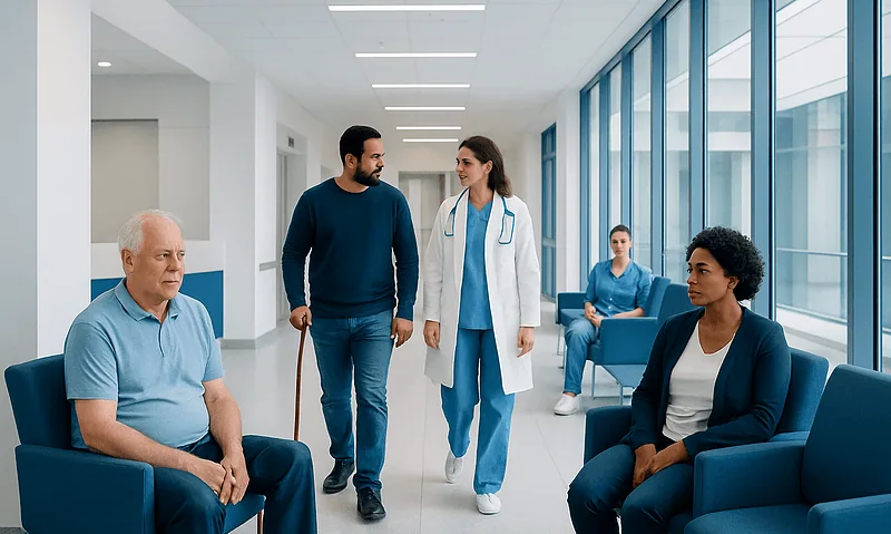 Patients and medical staff in a hospital waiting area.