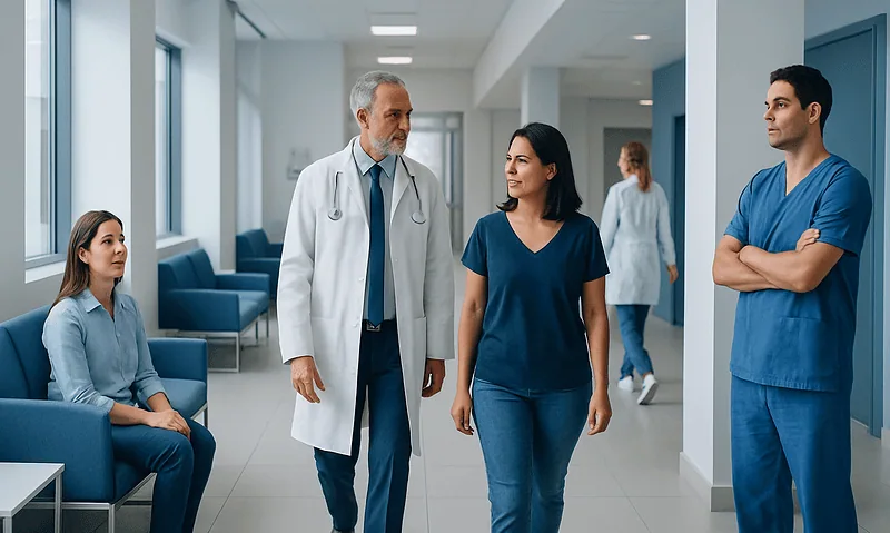 Medical team discussing patient care in hospital corridor.