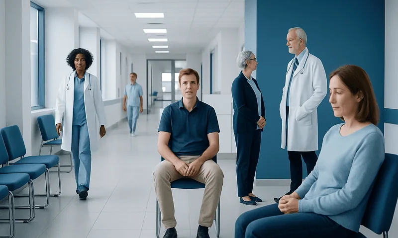 Patients waiting in a hospital corridor with medical staff present.