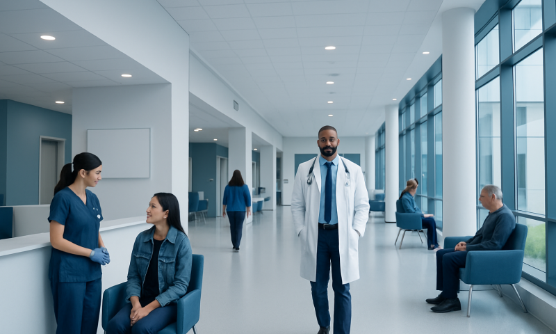 Modern hospital corridor with medical staff and patients.